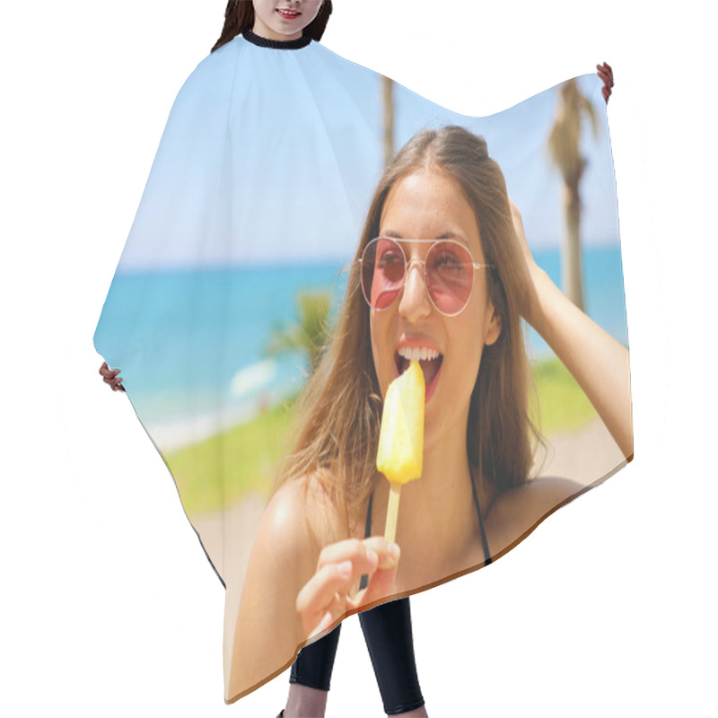 Personality  Beautiful Girl With Sunglasses Eating Popsicle On Malaga Beach In Her Travel Holidays In Southern Spain Hair Cutting Cape