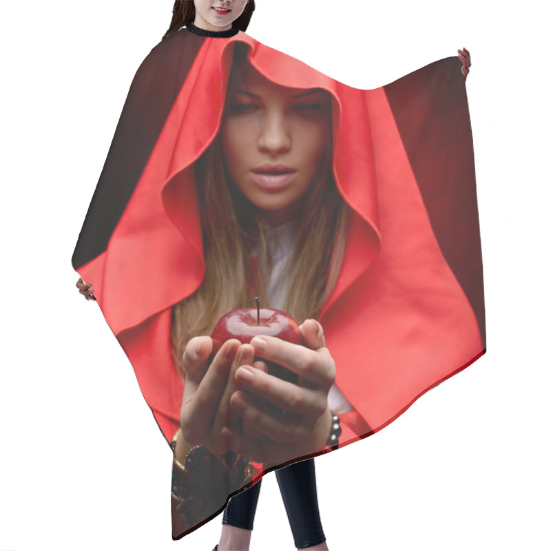 Personality  Beautiful Woman With Red Cloak Holding Apple Hair Cutting Cape