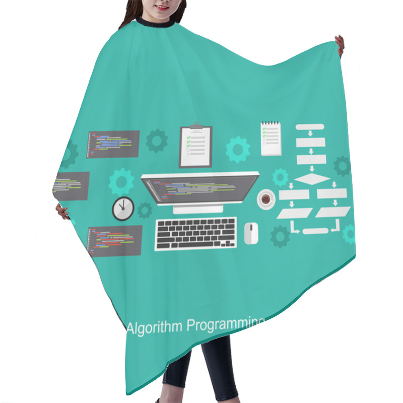 Personality  Algorithm Programming Concept. Flat Design Illustration Concepts For Analysis, Working, Brainstorming, Coding, Programming, And Planning. Hair Cutting Cape