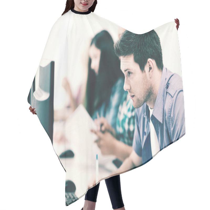 Personality  Student With Computer Studying At School Hair Cutting Cape