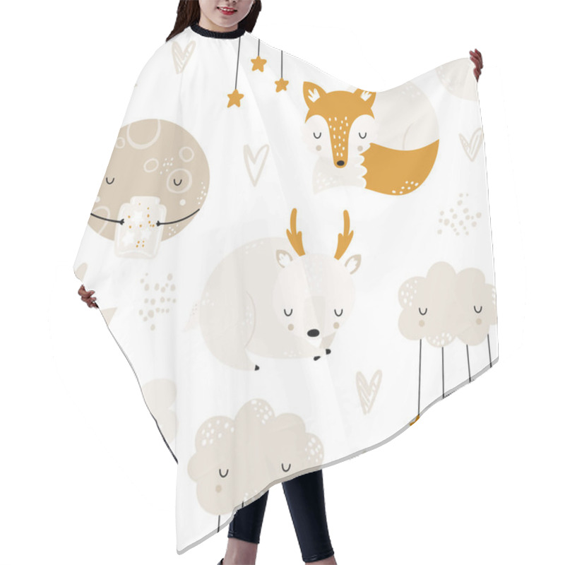 Personality  Seamless Childrens Hand-drawn Pattern With Cute Sleeping Animals, Clouds, Moons And Stars. Creative Kids Texture For Fabric, Wrapping, Textile, Wallpaper, Apparel. Vector Illustration. Good Night. Hair Cutting Cape