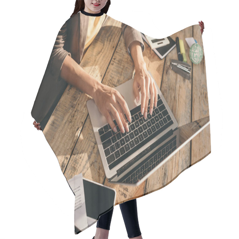 Personality  Cropped View Of Female Hands Typing On Laptop At Desk With Office Supplies Hair Cutting Cape