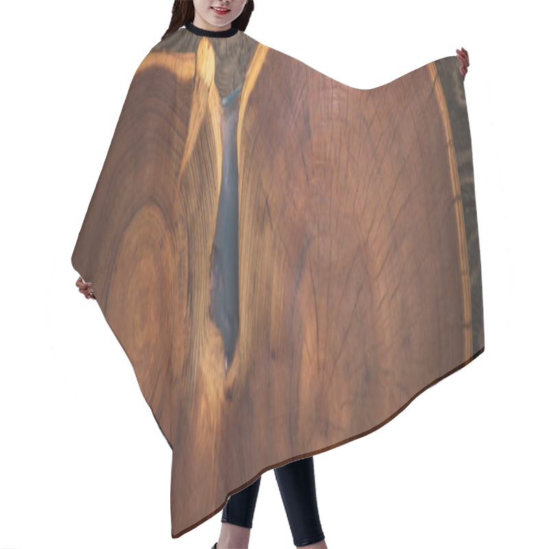 Personality  Panoramic Shot Of Wooden Cutting Board On Brown Table  Hair Cutting Cape