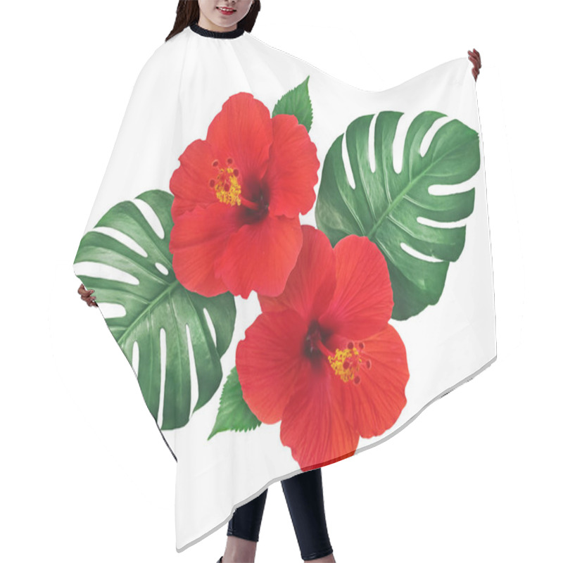 Personality  Red Hibiscus Flowers With Monstera Leaves Isolated On White Background Hair Cutting Cape