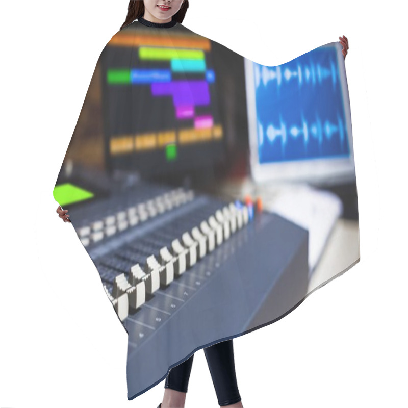 Personality  Digital Sound Mixer In Recording Studio, Shallow Dept Of Field. Music Background Hair Cutting Cape