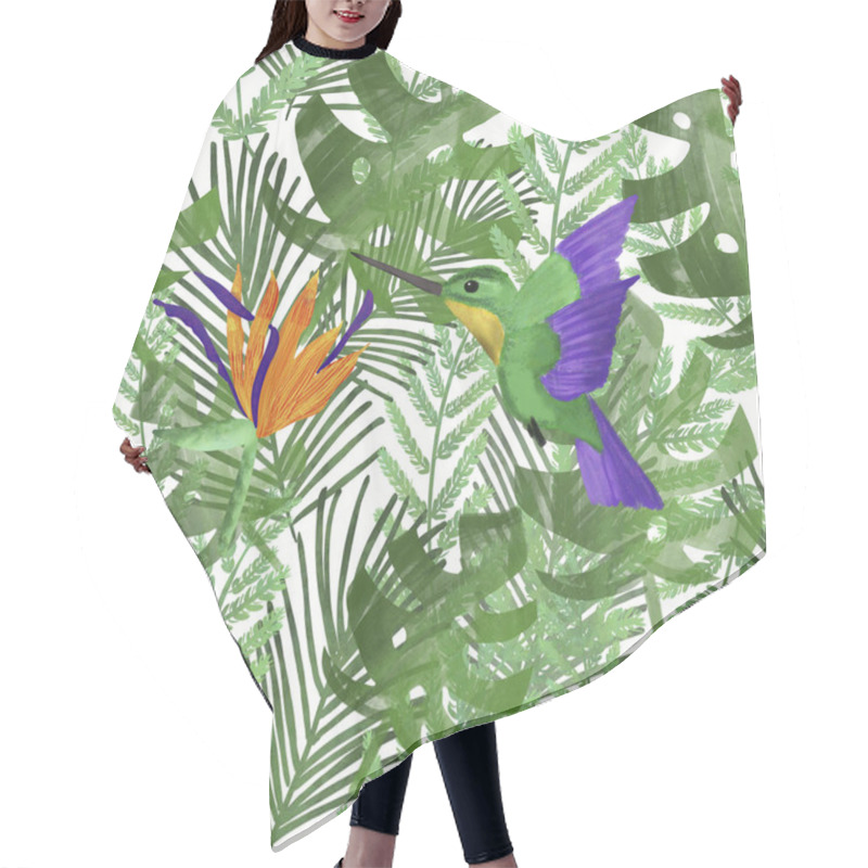 Personality  Hummingbird/colibri And Orange Strelitzia On Tropical Leaves. White Background. Tropical Summer Print. Packaging, Wallpaper, Stationery, Fabric, Textile Design Hair Cutting Cape