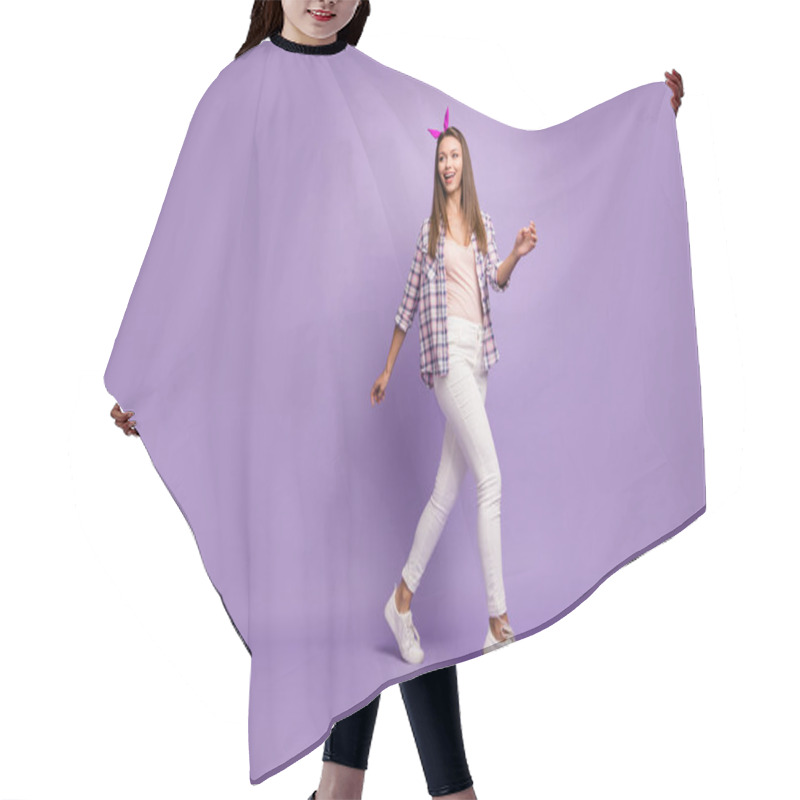 Personality  Full Length Body Size View Of Her She Nice Attractive Lovely Charming Cheerful Cheery Feminine Straight-haired Girl Walking Spending Weekend Isolated Over Violet Purple Lilac Pastel Color Background Hair Cutting Cape