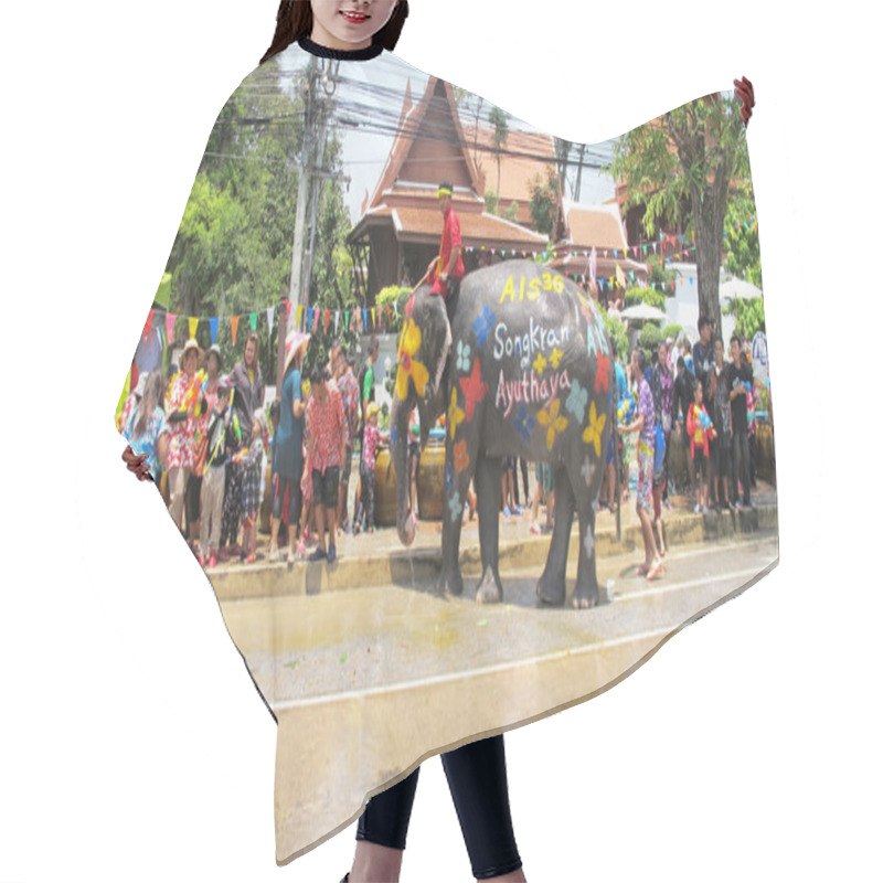 Personality  Songkran Festival Is Celebrated In A Traditional New Year Is Day From April 13 To 15, With The Splashing Water With Elephants In Ayutthaya, Thailand. Hair Cutting Cape