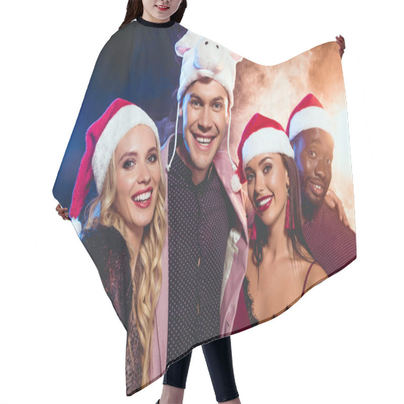 Personality  Attractive Woman Taking Selfie With Friends In Santa And Pig Hats On Smoke With Backlit Hair Cutting Cape