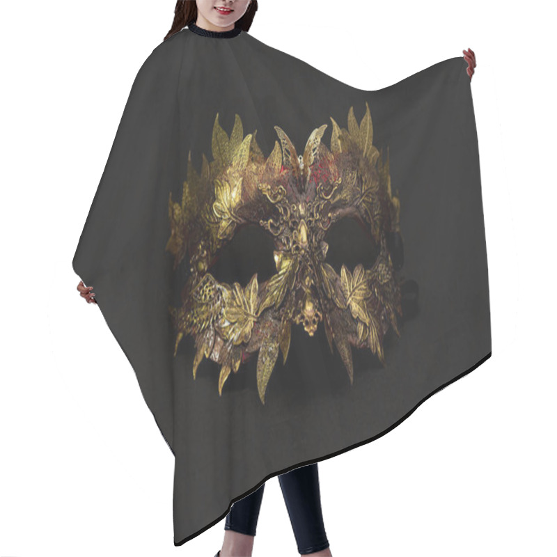 Personality  Luxury, Venetian Mask In Gold And Red With Metallic Pieces In The Form Of Leaves. Original And Unique Design, Handmade Crafts Hair Cutting Cape