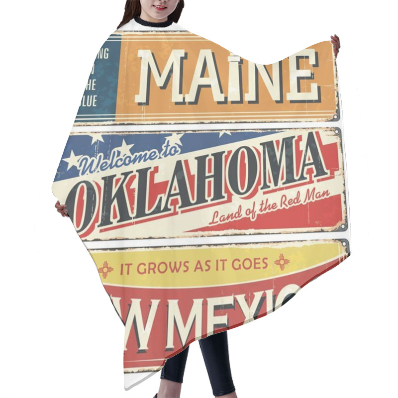 Personality  Vintage Tin Sign Collection With US. Maine. Oklahoma. New Mexico. Retro Souvenirs Or Vintage Paper Old Postcard Templates On Tin Rust Background. Hair Cutting Cape