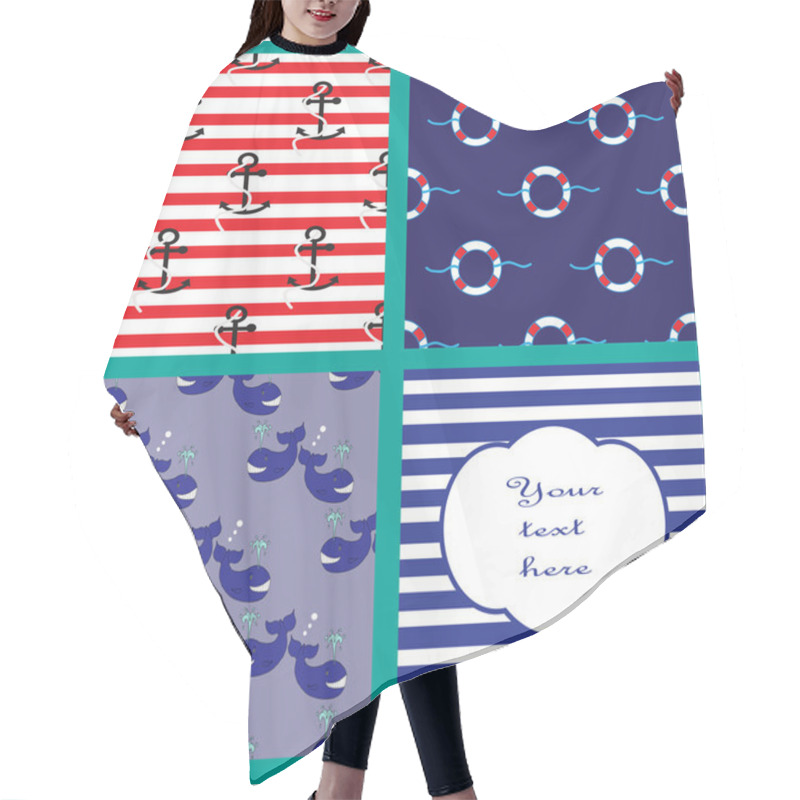 Personality  Collection With Seamless Patterns And Card In Marine Style Hair Cutting Cape