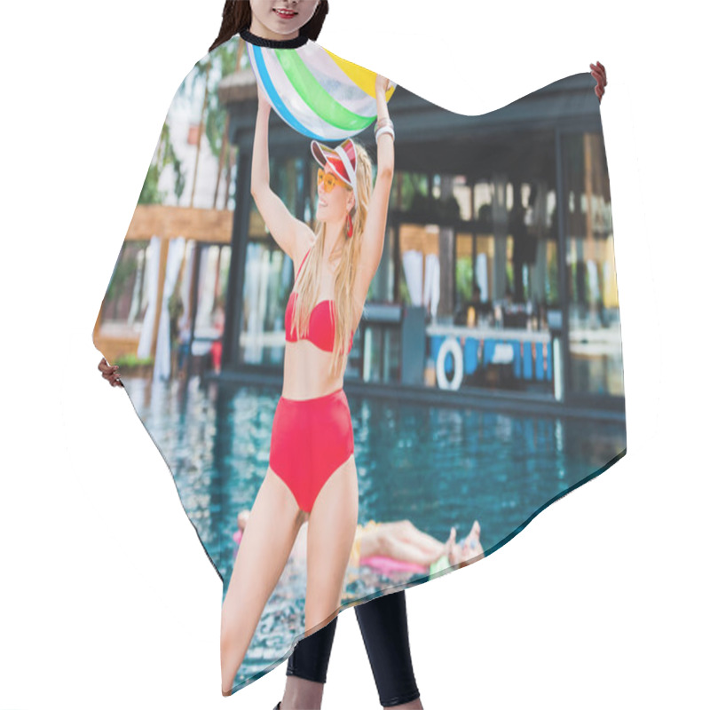 Personality  Smiling Woman Holding Swimming Ball While Her Friends Resting In Swimming Pool  Hair Cutting Cape