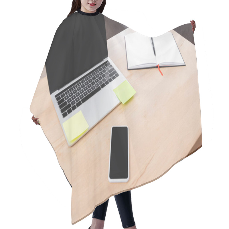 Personality  High Angle View Of Mobile Phone And Laptop With Blank Screen Near Sticky Notes And Notebook On Desk Hair Cutting Cape