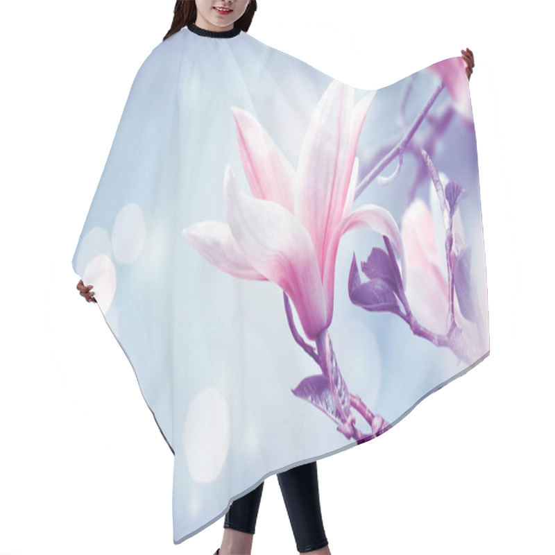 Personality  Blooming Pink Magnolia Flower On Fantasy Mysterious Blue Background With Shining Glowing Bokeh, Fabulous Spring Fairy Tale Floral Garden, Amazing Magnificent Nature Hair Cutting Cape