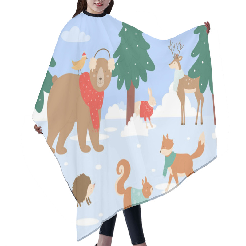 Personality  Animals In Winter Forest, Cartoon Cute Animalistic Characters In Scarf Or Sweater Standing Together Hair Cutting Cape