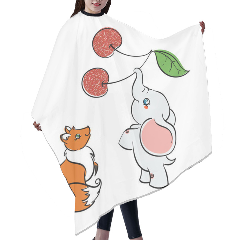 Personality  Cute Friendly Animals. Fox And Elephant With Cherry. Hair Cutting Cape