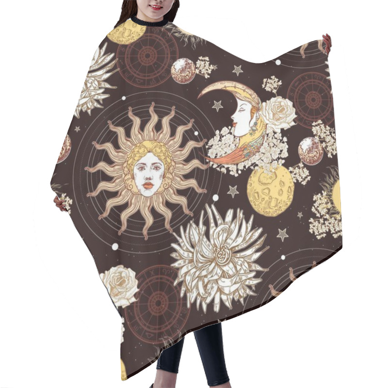 Personality  Seamless Pattern. Moon Face Sun And Crescent. Zodiac Circle. Hair Cutting Cape