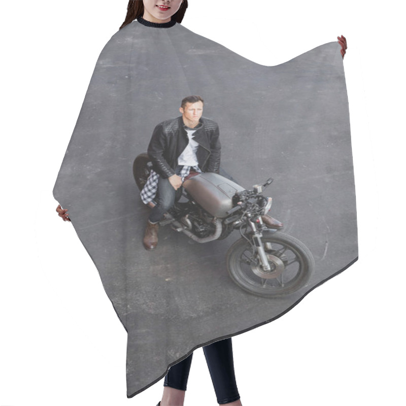 Personality  Top View To Brutal Man With Cafe Racer Custom Motorbike. Hair Cutting Cape