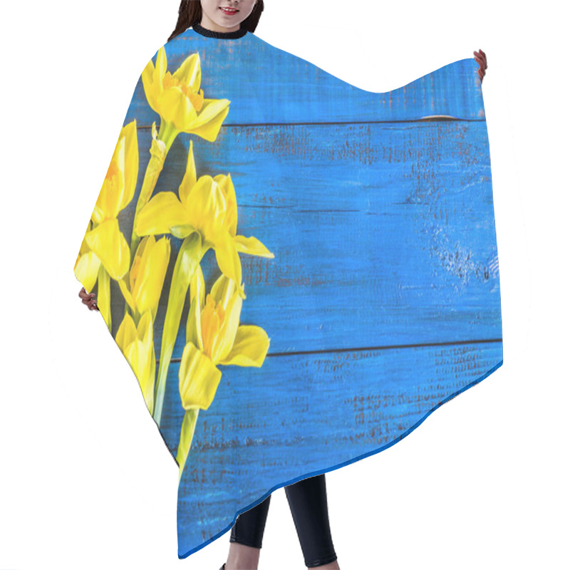 Personality  Beautiful Daffodils Flowers Selected On Wooden Background Hair Cutting Cape