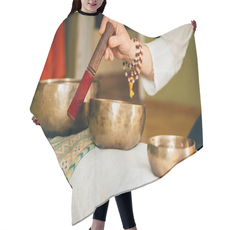 Personality  Woman Using Tibetan Singing Bowls In Sound Therapy Hair Cutting Cape