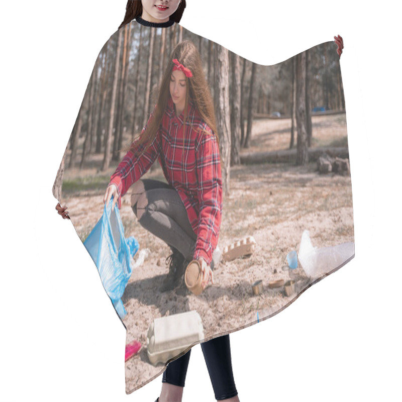 Personality  Young Woman Holding Trash Bag And Collecting Rubbish On Ground In Forest Hair Cutting Cape