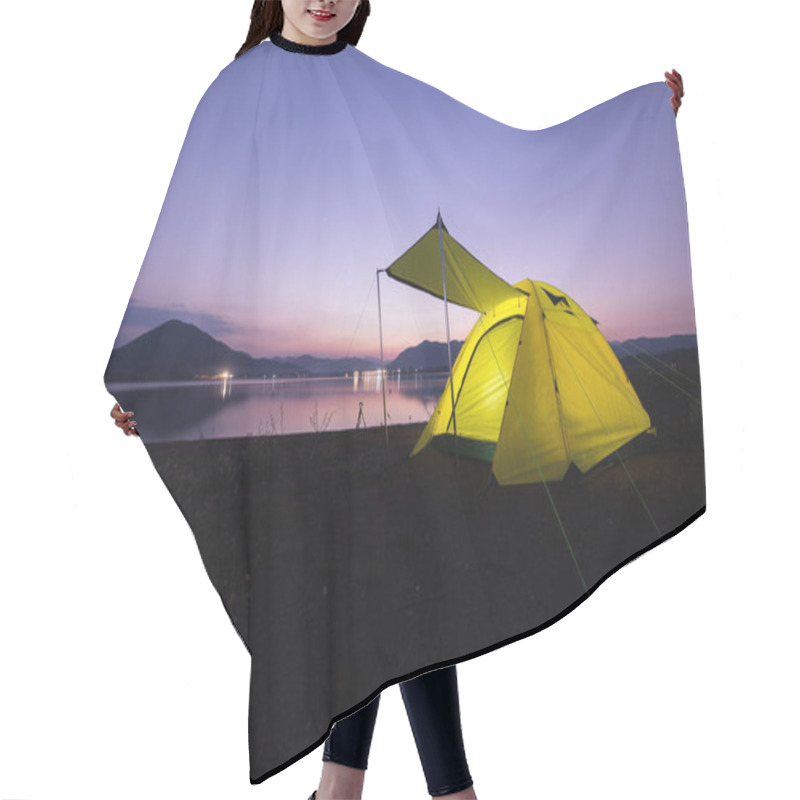 Personality  Camping Tent On Green Grass Field Under Cloudy Sky At Night Time Hair Cutting Cape