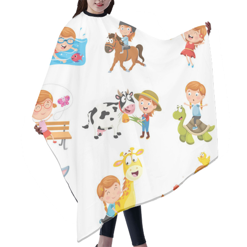 Personality  Vector Illustration Of Little Girl Playing With Animals Hair Cutting Cape