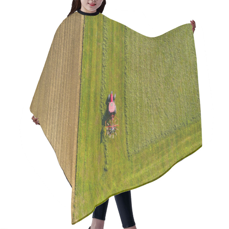 Personality  Red Tractor Windrowing Hay, Top Down Aerial View Hair Cutting Cape