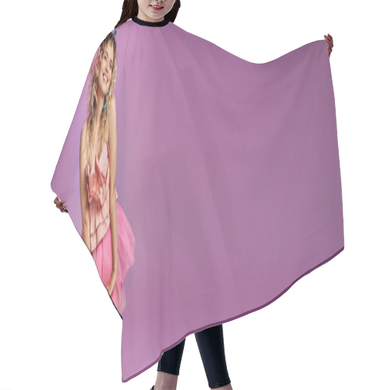 Personality  Pretty Woman Wearing Tooth Fairy Attire Looking At Camera And Posing With Lowered Hands, Banner Hair Cutting Cape