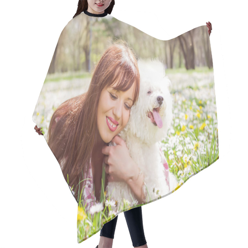 Personality  Happy Woman Enjoying Nature With Her Dog Hair Cutting Cape