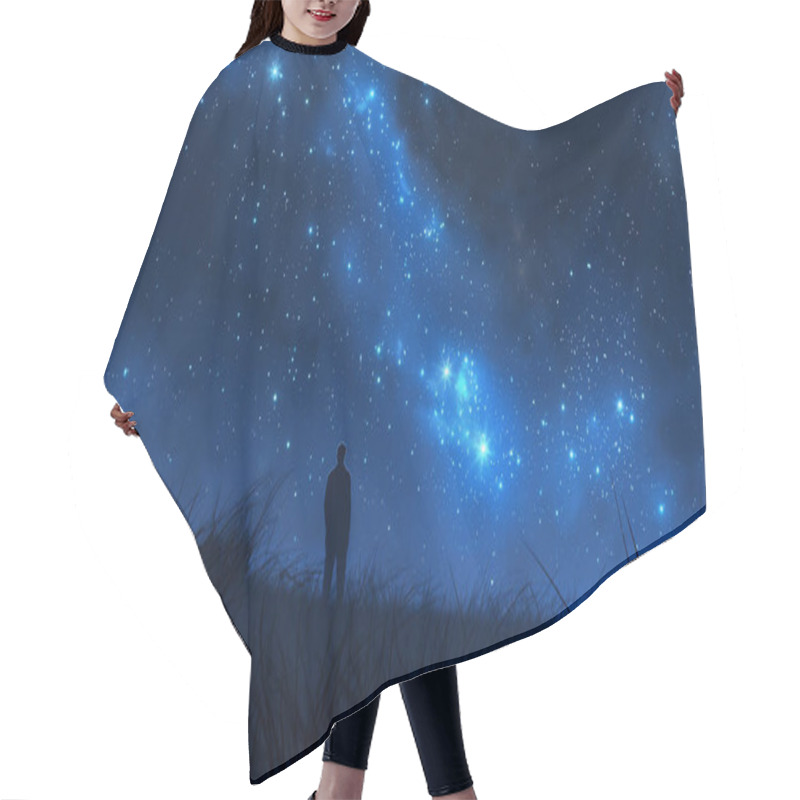 Personality  A Solitary Figure Gazing At A Night Sky Filled With Countless Sparkling Stars, Embracing The Vastness. Hair Cutting Cape