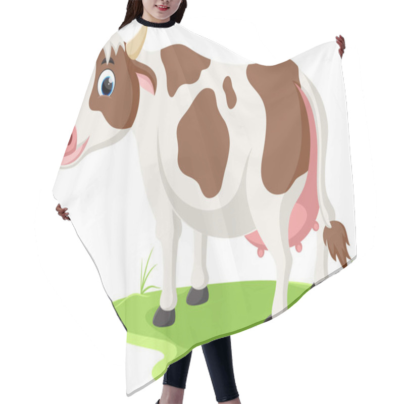 Personality  Vector Illustration Of Cartoon Cow Standing On Green Grass Hair Cutting Cape