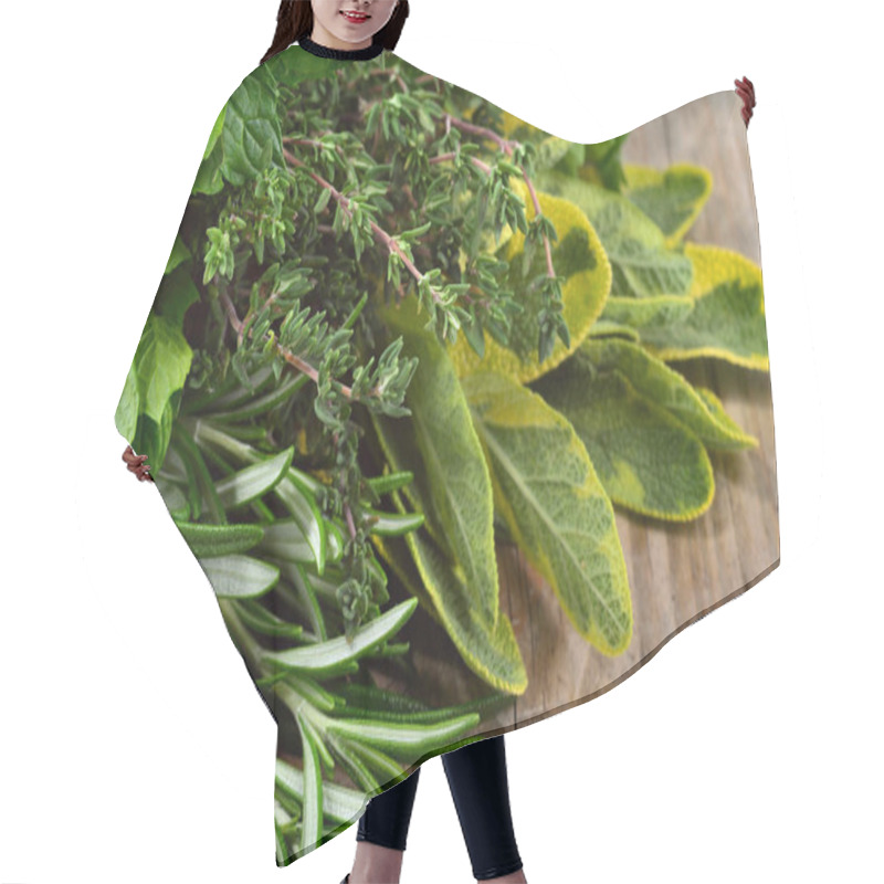 Personality  Freshly Harvested Herbs Over Wooden Background. Hair Cutting Cape