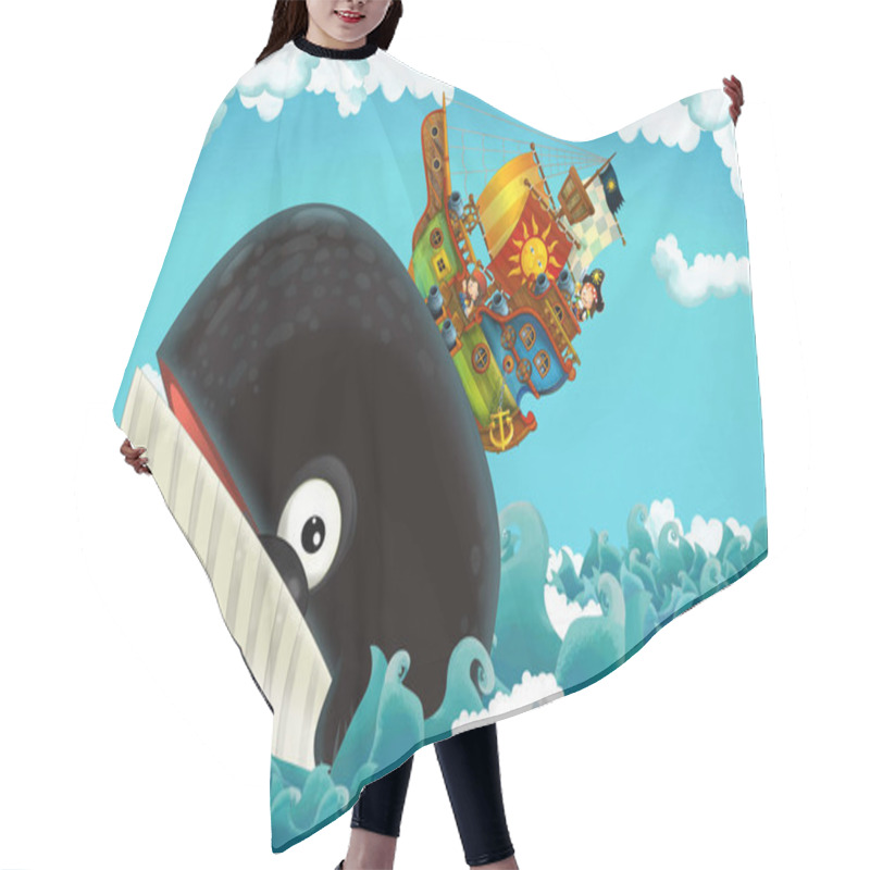 Personality  Cartoon Scene With Pirate Ship Sailing Through The Seas With Happy Pirates Meeting Swimming Whale - Illustration For Children Hair Cutting Cape