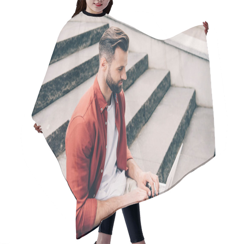 Personality  Young Man Using Laptop While Sitting On Stone Stairs Hair Cutting Cape