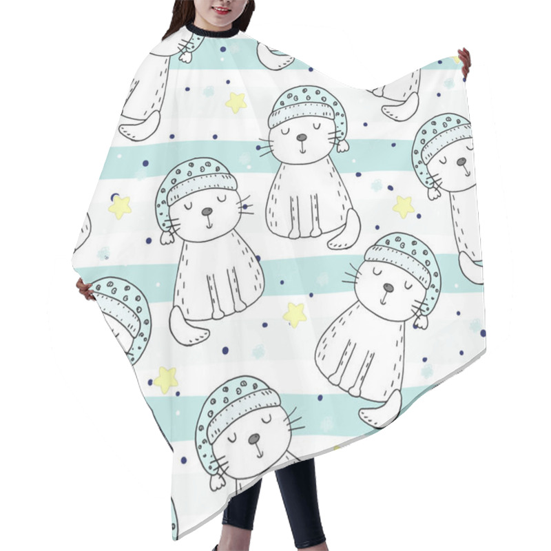 Personality  Hand Drawn Seamless Pattern With Cute Cat, Doodle Illustration For Kids Vector Print Hair Cutting Cape