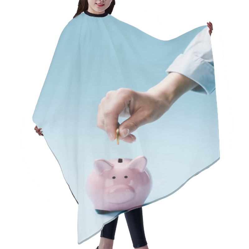 Personality  Partial View Of Man Putting Coin Into Pink Piggy Bank Isolated On Blue Hair Cutting Cape