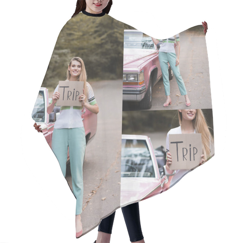 Personality  Collage Of Smiling Woman Holding Card With Trip Lettering Near Auto On Road  Hair Cutting Cape