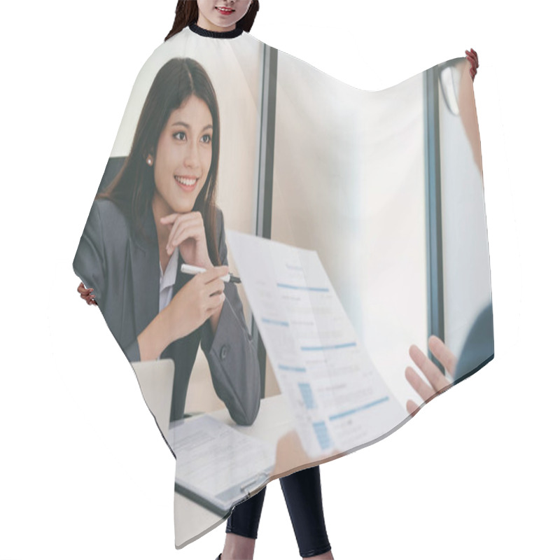 Personality  Business Situation, Job Interview Concept. Confident Businessman In A Job Interview With A Corporate Personnel Manager.  Hair Cutting Cape