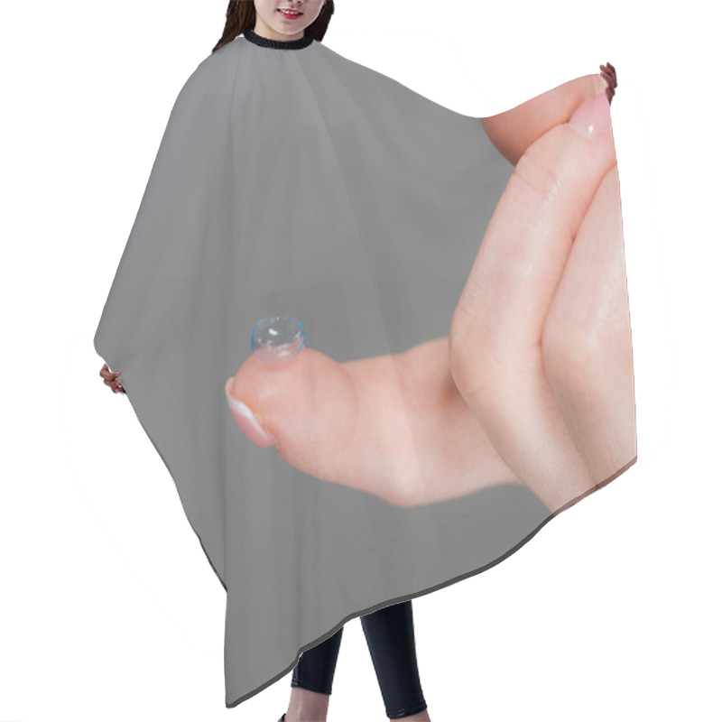 Personality  Cropped View Of Woman Holding Contact Lens Isolated On Grey  Hair Cutting Cape