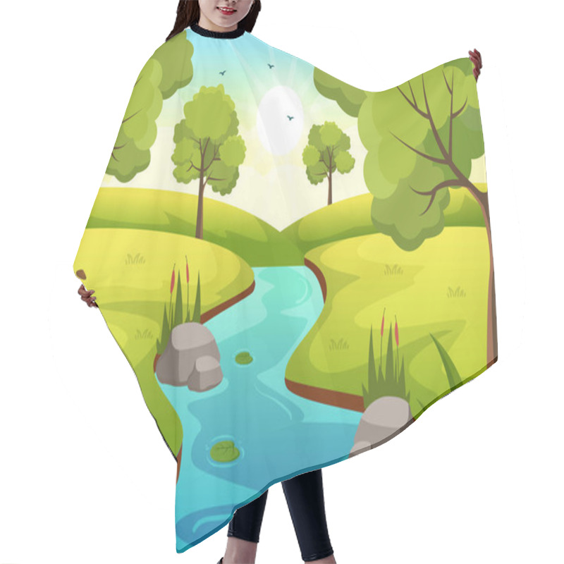 Personality  River Landscape Illustration With View Mountains, Green Fields, Trees And Forest Surrounding The Rivers In Flat Cartoon Hand Drawn Templates Hair Cutting Cape