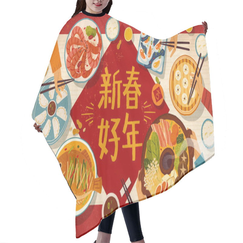 Personality  Greeting Banner For Reunion Dinner, Top View Of Asian Family Enjoying Tasty Traditional Dishes, Translation: Happy Chinese New Year Hair Cutting Cape