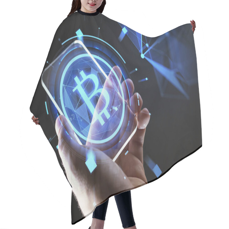 Personality  Close Up Of Hand With Smartphone And Bitcoin Hair Cutting Cape