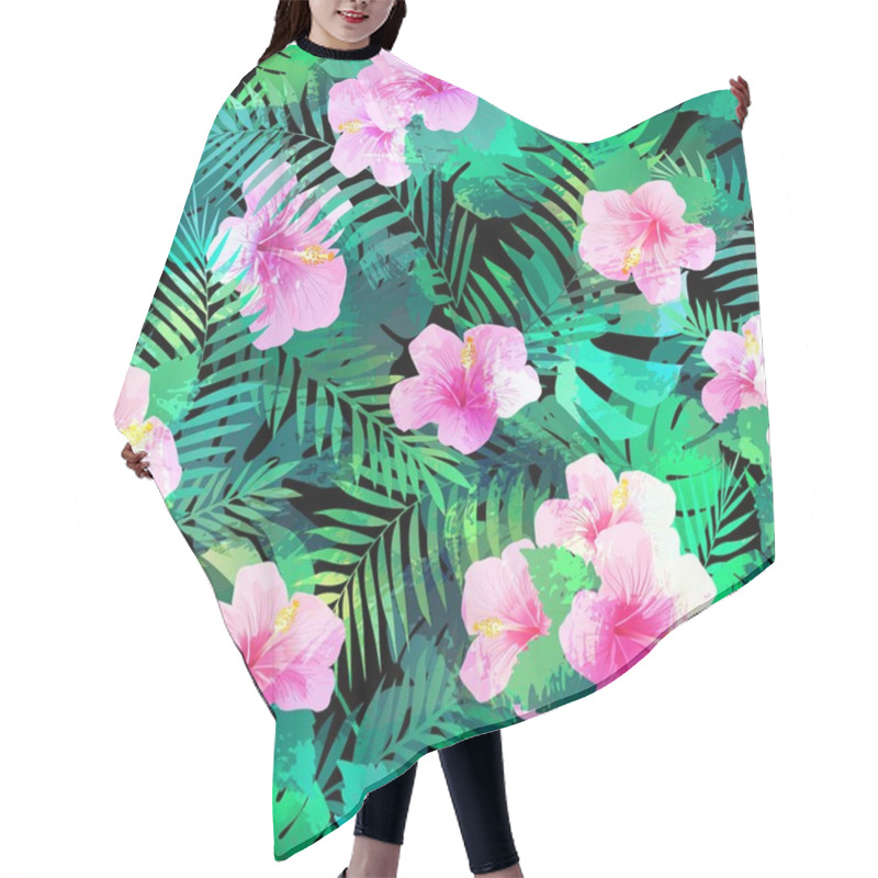 Personality  Seamless Pattern With Exotic Hibiscus Flowers And Palm Leaves. Hair Cutting Cape