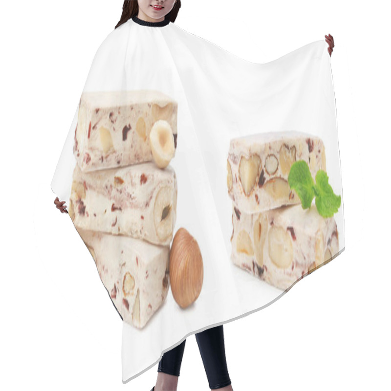 Personality  Delicious Nougat, Mint And Nuts On White Background Hair Cutting Cape