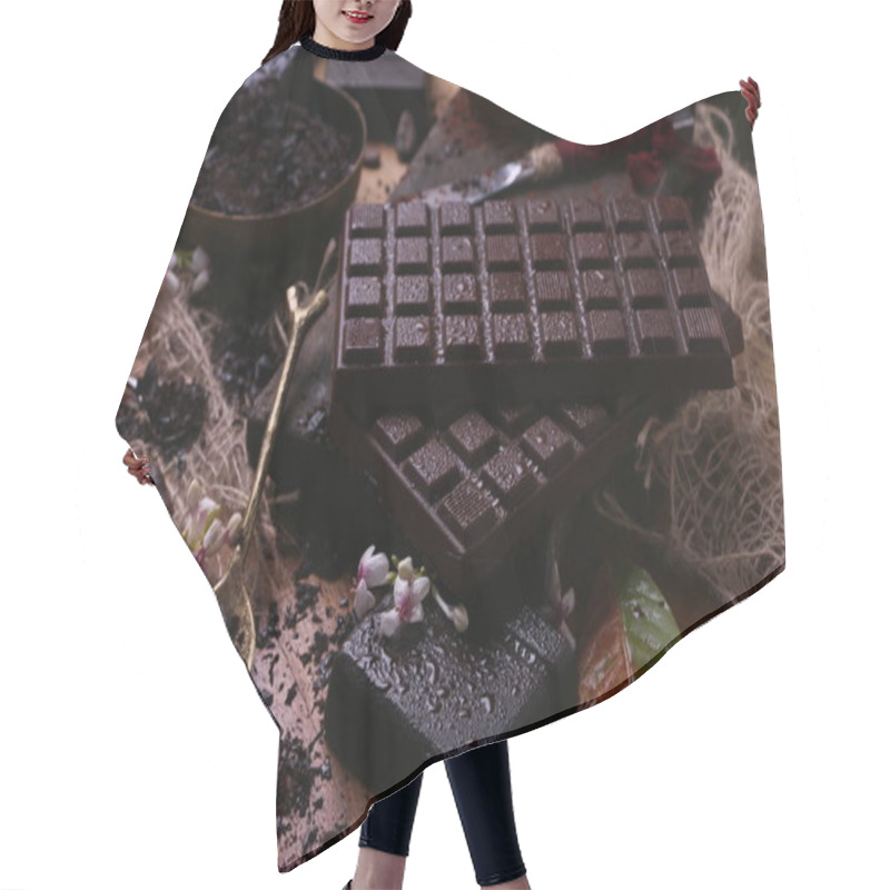 Personality  Bars Of Dark Chocolate On Wooden Background. Hair Cutting Cape