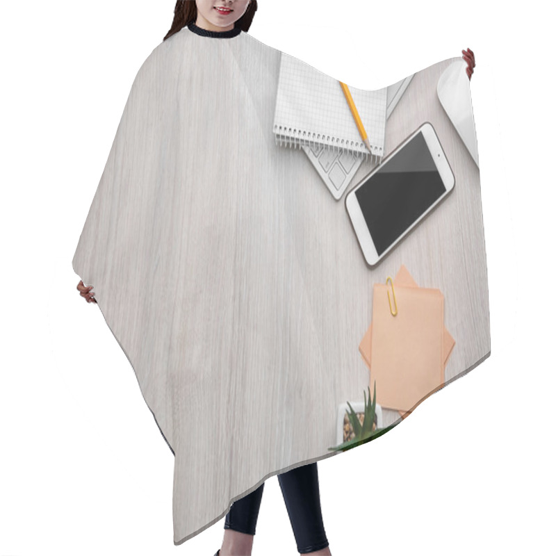 Personality  Office Tools On Wooden Background Hair Cutting Cape