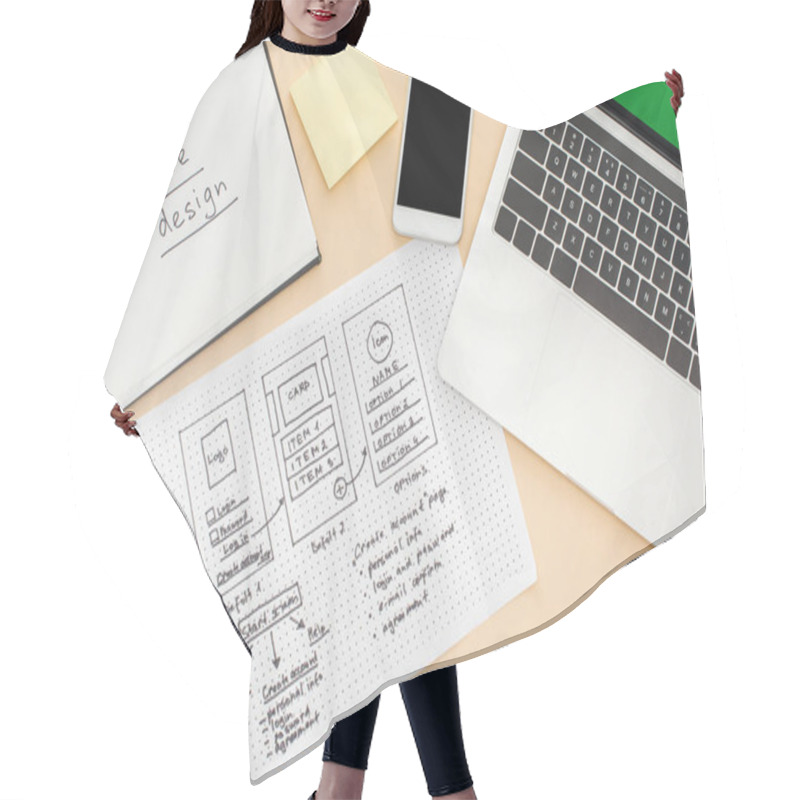 Personality  Top View Of Gadgets Near Website Design Template And Notebook With Adaptive Design Lettering On Beige Background Hair Cutting Cape