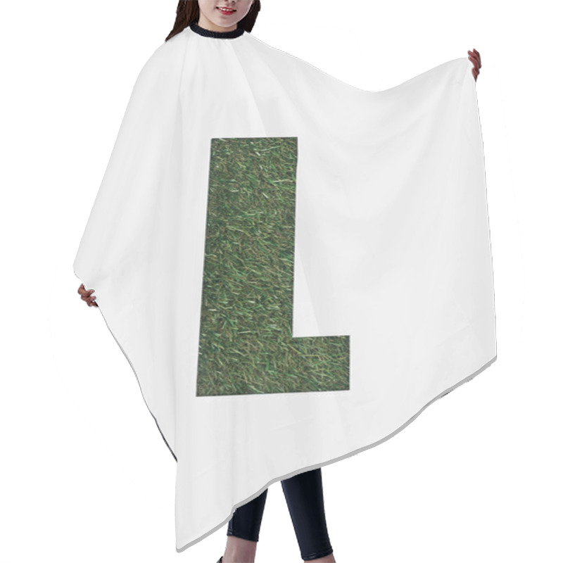 Personality  Top View Of Cut Out L Letter On Green Grass Background Isolated On White Hair Cutting Cape